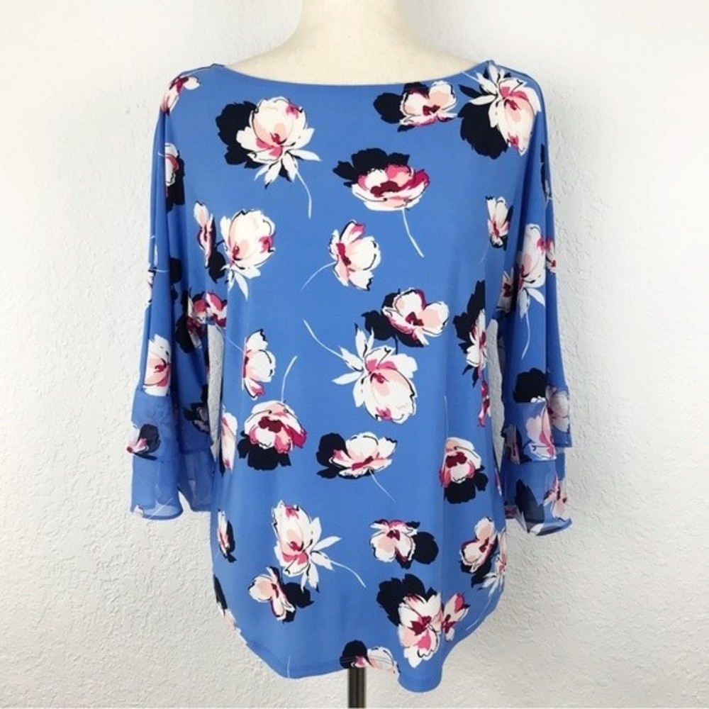 Roz & Ali Floral Flutter Sleeve Ruffle Bell Blue Pink Blouse Flowy Dressy Top XS